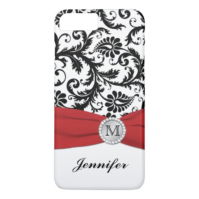 Monogramme Noir, Blanc, Rouge Damas iPhone 7 Coque (Dos)