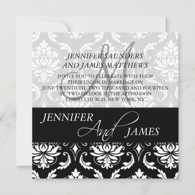 Monogramme noir Damas Nom Invitations de mariage (Devant)