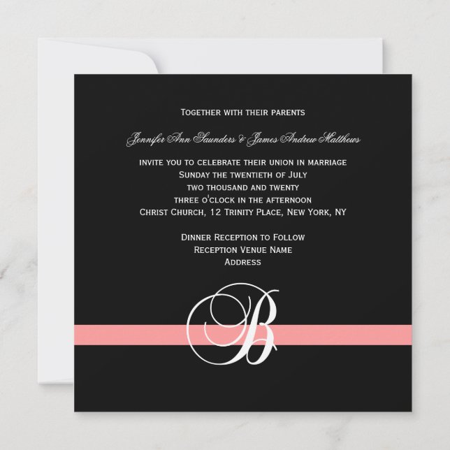 Monogramme noir de corail B Faire-part de mariage (Dos)