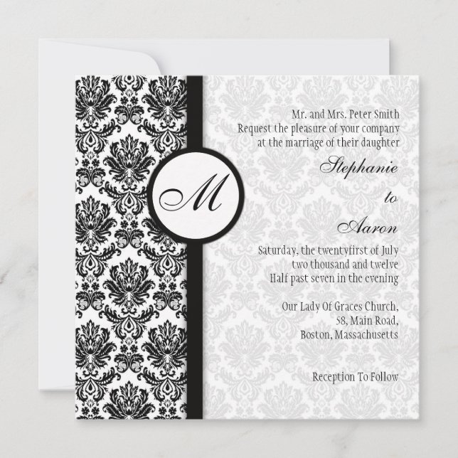 Monogramme noir et blanc Damas Faire-part de maria (Devant)