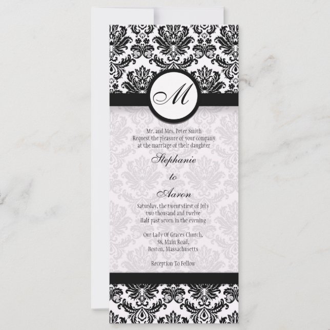 Monogramme noir et blanc Damas Faire-part de maria (Devant)