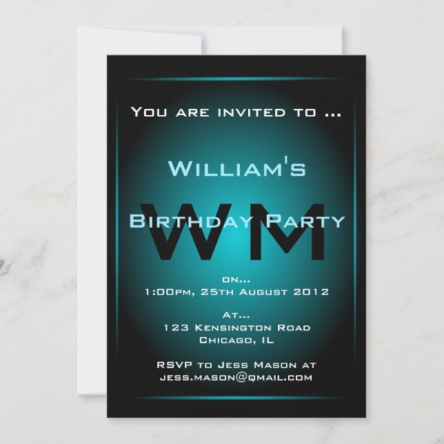 Monogramme noir et bleu clair Sci-fi Invitation (Devant)