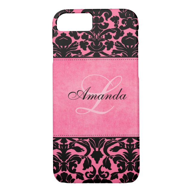 Monogramme noir et rose Damask iPhone 7 Coque (Dos)