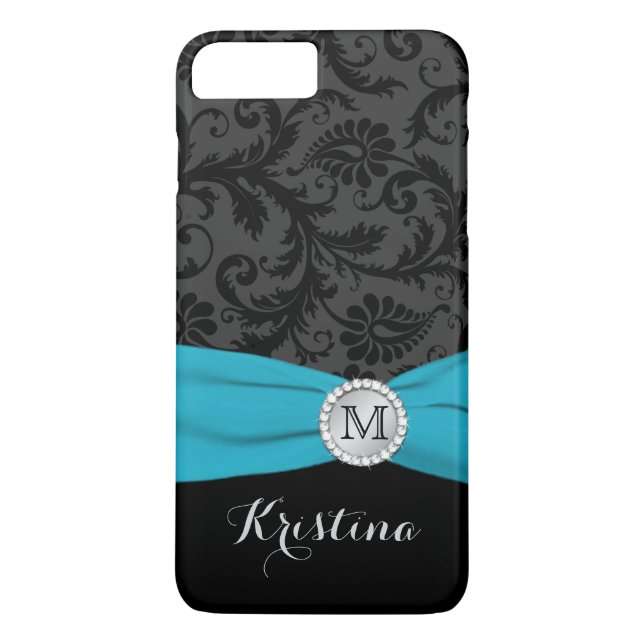 Monogramme noir, gris, bleu Damas iPhone 7 Coque (Dos)