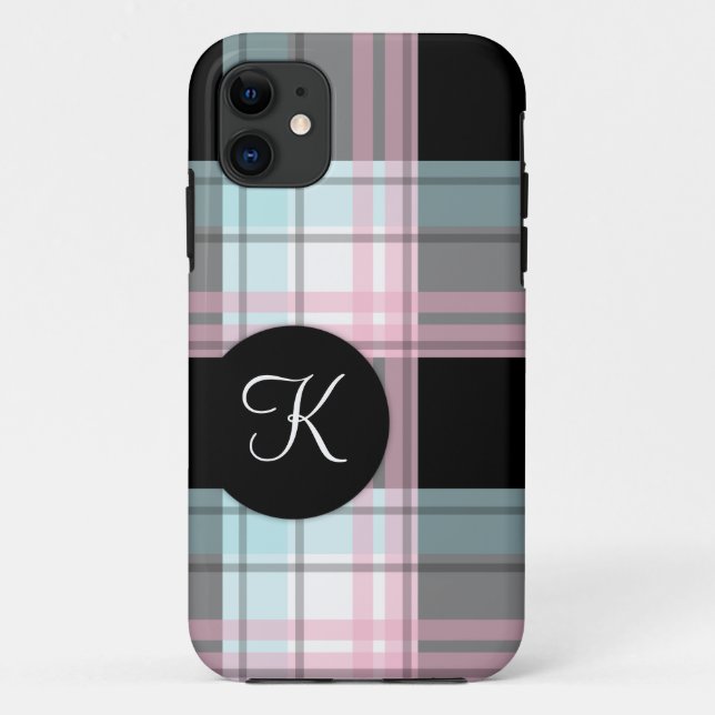 Monogramme noir rose bleu plaid iPhone 5 Coque (Dos)
