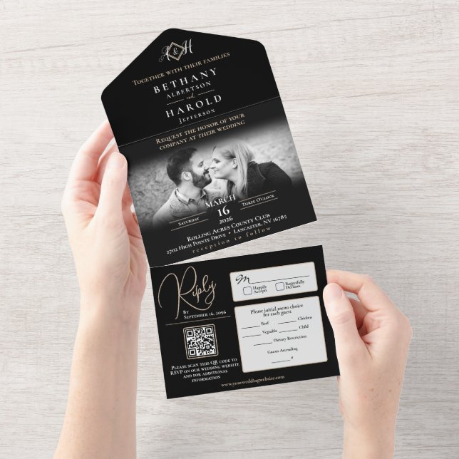 Monogramme noir tout en un mariage Invitation (Déchirure)