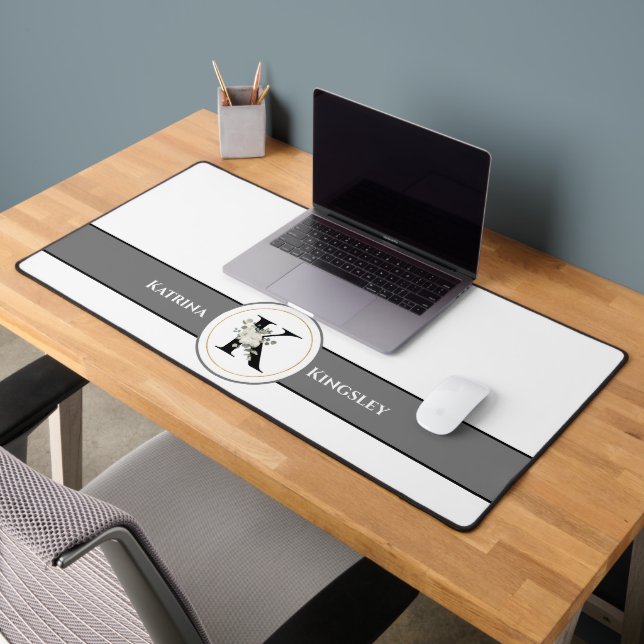 Monogramme & nom élégant floral blanc sur fond bla (Bureau 2)