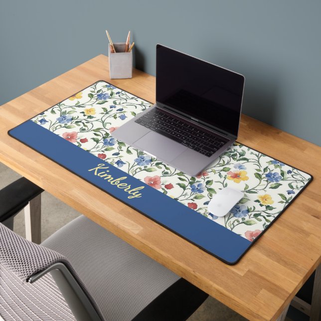 Monogramme Nom Fleur Sauvage Aquarelle Jaune Bleu (Bureau 2)
