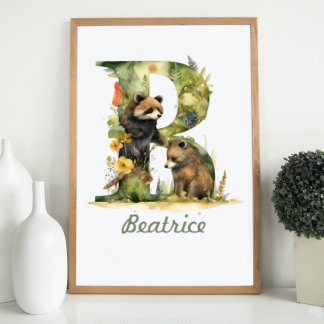 Monogramme Nom Nursery Poster Woodland Lettre B