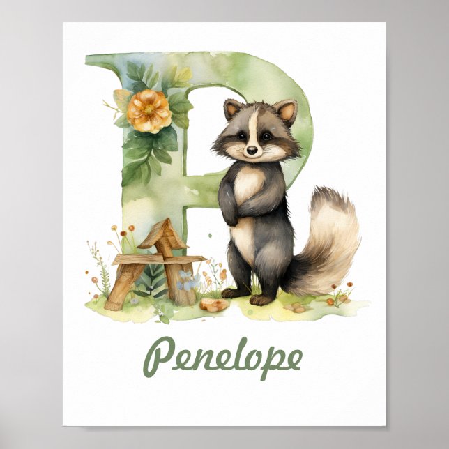 Monogramme Nom Nursery Poster Woodland Lettre P (Devant)
