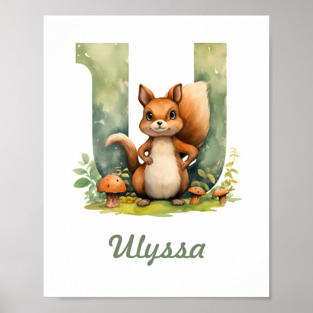 Monogramme Nom Nursery Poster Woodland Lettre U (Devant)