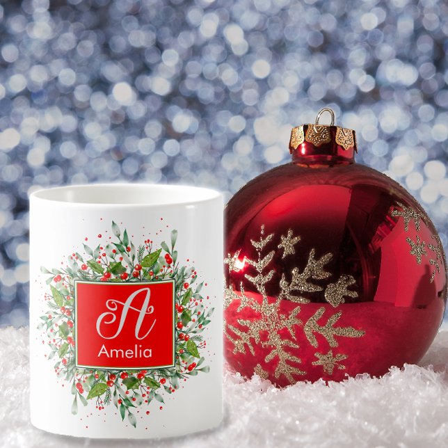 Monogramme nouvelle année Noël Vert Rouge café Mug (Créateur téléchargé)