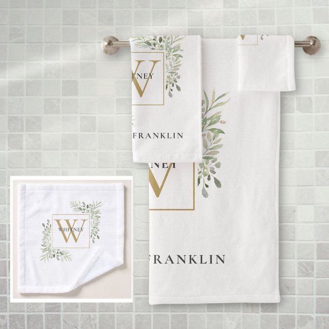 Monogramme Or en Chic avec verdure d'eucalyptus  (Chic Gold Monogram Eucalyptus Greenery Bath Towel Set)