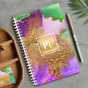 Monogramme or violet vert agate aquarelle chic