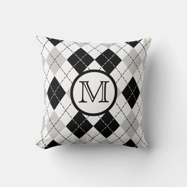 Monogramme Oreiller noir blanc et gris Jacquard (Recto)