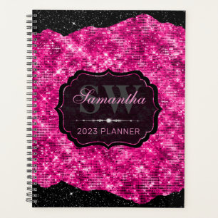 Monogramme pailleté rose chaud élégant avec bords 