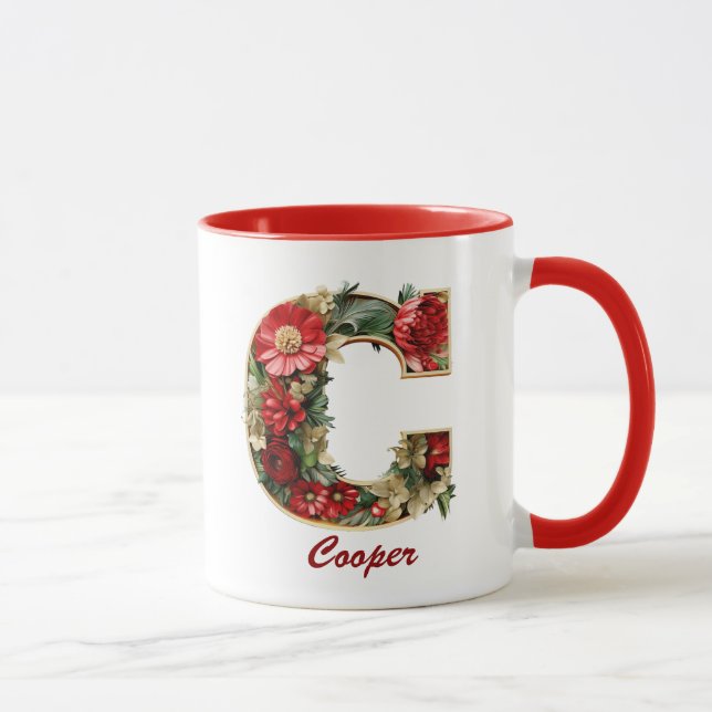 Monogramme personnalisé C Mug rouge or de Noël (Droite)