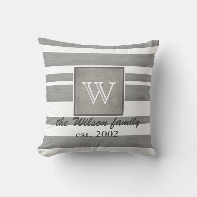 monogramme personnalisé coussin rayures gris et bl (Recto)