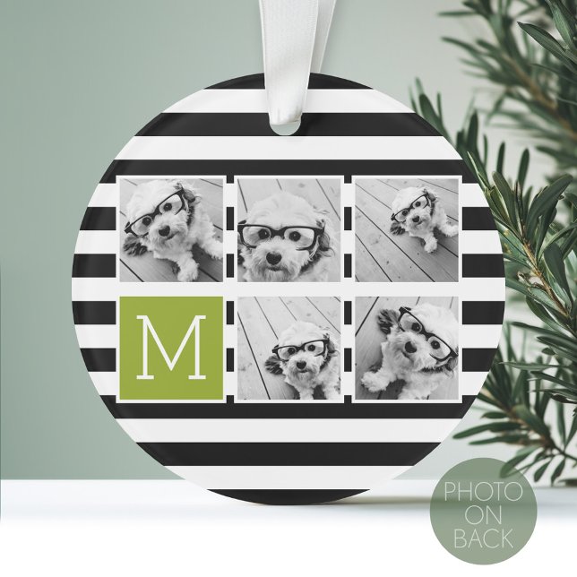 Monogramme Personnalisé Lime Noir Striped Photo Co (Personalized Photo Ornament)