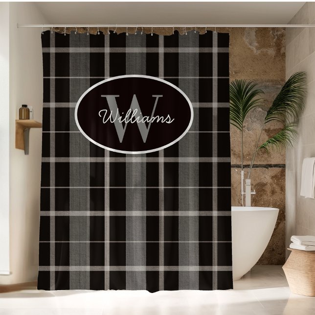 Monogramme personnalisé Rideau de douche Plaid gri (Créateur téléchargé)