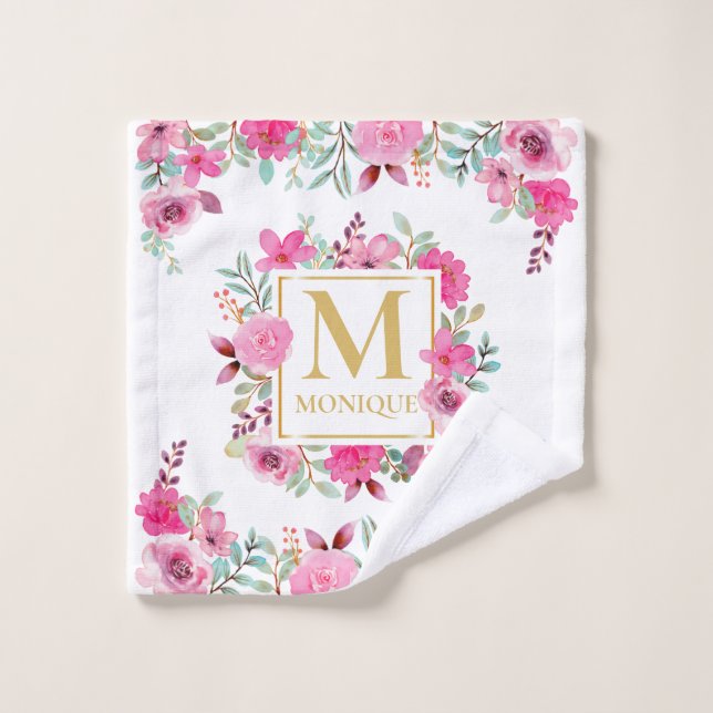 Monogramme personnalisé Rose de pivoine rose (Gant de toilette)
