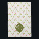 Monogramme personnalisé Serviette de cuisine de No<br><div class="desc">Serviette de cuisine Monogram Holly sur mesure.  Un motif de chevron sucré aux baies vitrées sur un arrière - plan crème.   Une façon amusante d'ajouter une "note de Noël" à votre cuisine pendant la période des fêtes.  Ça fait un grand cadeau !</div>