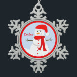 Monogramme personnalisé Snowman Snowflake Ornement<br><div class="desc">Ce joli ornement de flocon de Noël a un bonhomme de neige au centre.  Le bonhomme de neige porte une écharpe rouge et un chapeau de Père Noël mignon.  Sur le côté du bonhomme de neige,  est un endroit pour vous de customiser votre nom spécial.  Copyright ornamentsbyhenis</div>