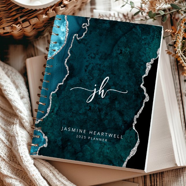 Monogramme personnalisé Turquoise Argent Agate 202 (Créateur téléchargé)