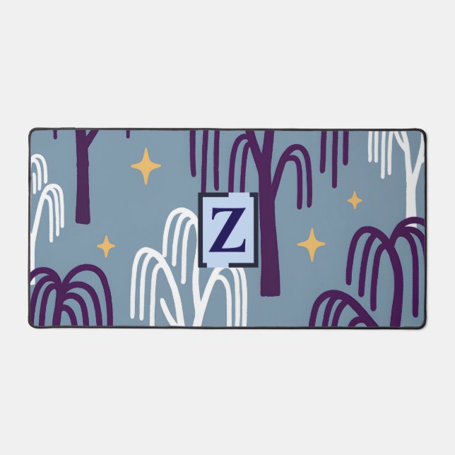 Monogramme personnalisé Willow Tree Blue Desk Mat (Recto)