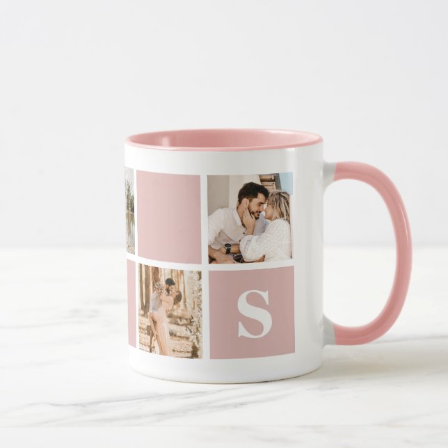 Monogramme photo en rose et blanc personnalisé Mug (Droite)