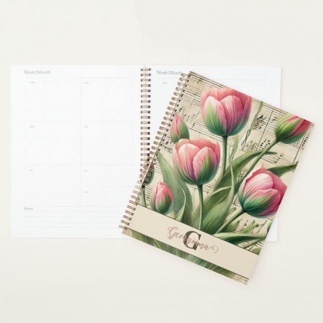 Monogramme Pink & Green Vintage Tulips Partition M (Devant avec enveloppe)