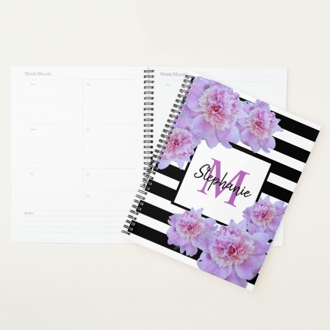 Monogramme Pink Peony Flower Black Stripe pourpre (Devant avec enveloppe)