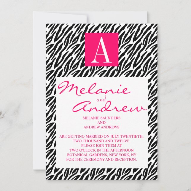Monogramme rose A Zebra Stripes Invitations De Mar (Devant)