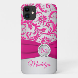 Monogramme rose, Argent Damask iPhone 11 coque