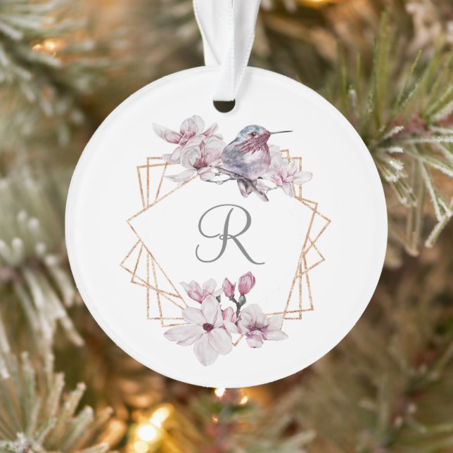 Monogramme rose blanc Magnolias Bird Gold Frame (Arbre)