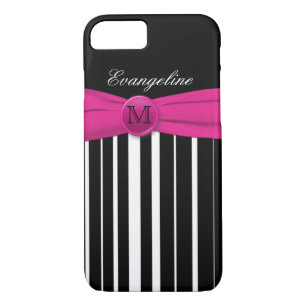 Monogramme rose blanc noir rayé iPhone 7 Coque