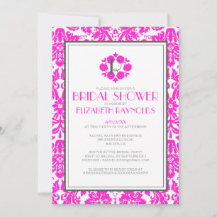Monogramme rose chaud Damask Invitations de douche
