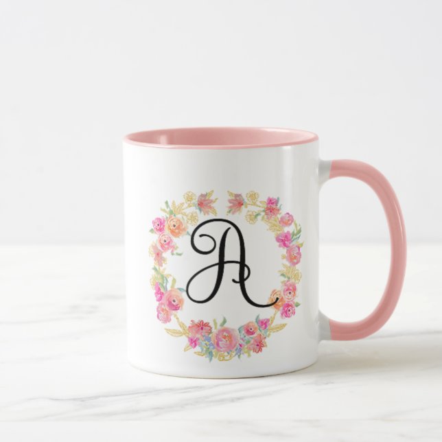 Monogramme Rose Cute (A) Mug Flower Wreath (Droite)