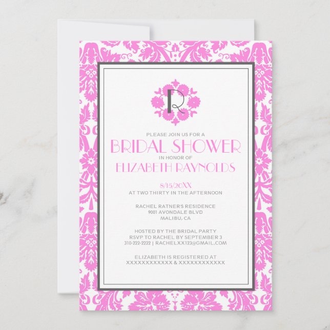 Monogramme rose Damask Invitations de douche nupti (Devant)