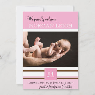 Monogramme rose et Brown fille Faire-part bébé
