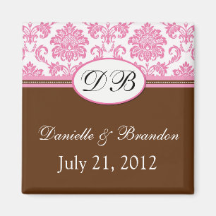Monogramme rose et Brown Mariage damassé Magnet