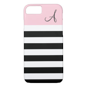 Monogramme rose et noir rayé iPhone 7 Coque