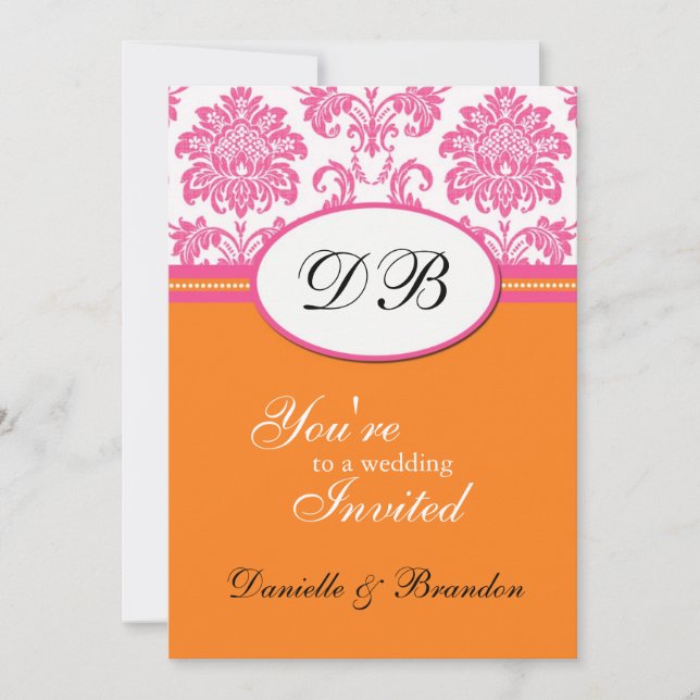 Monogramme rose et orange Damask Faire-part de mar (Devant)