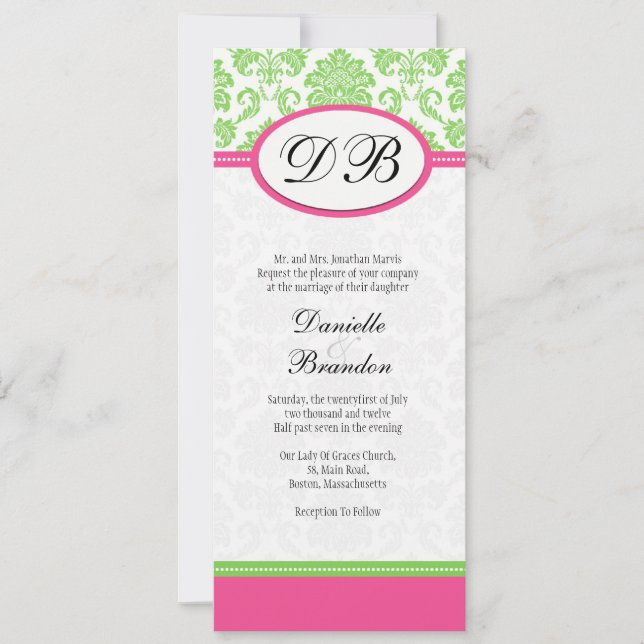 Monogramme rose et vert damassé Faire-part de mari (Devant)