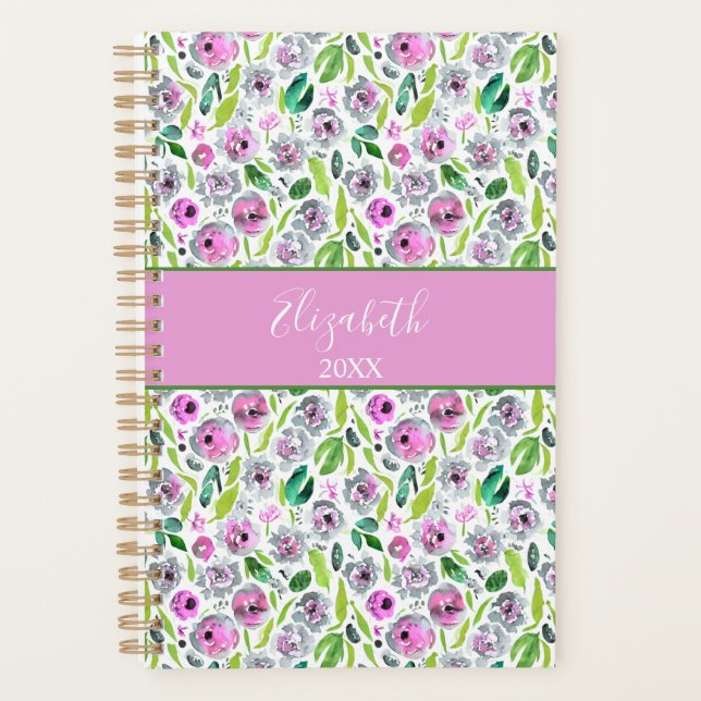 Monogramme Rose Gris Vert Bohème Floral Aquarelle  (Devant)