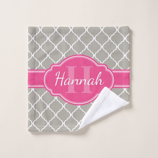 Monogramme rose Motif en lattice blanc gris (Gant de toilette)