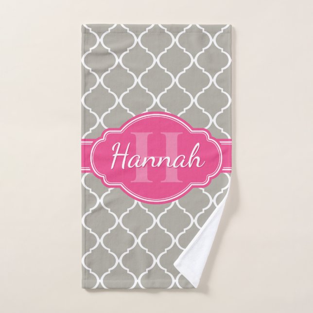 Monogramme rose Motif en lattice blanc gris (Serviette à main)