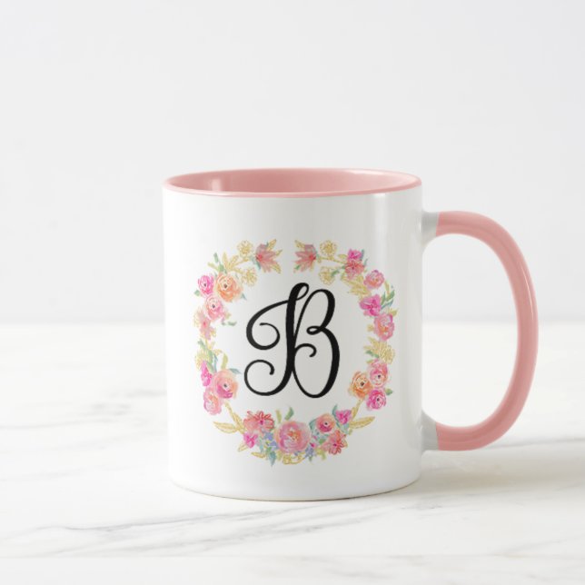 Monogramme rose mou (B) Mug de fleurs (Droite)