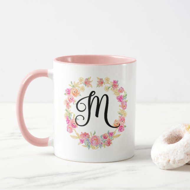 Monogramme rose mou (M) Fleur Flower Wreath Mug (Avec donut)