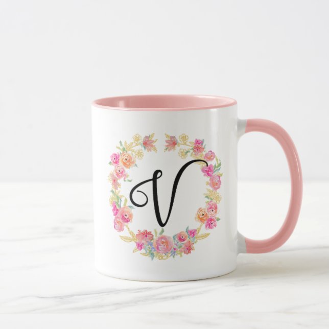 Monogramme rose mou (V) Fleur Flower Wreath Mug (Droite)